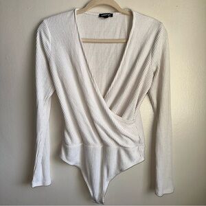 Express Long Sleeve Ribbed Knit Bodysuit Cream Size: Medium